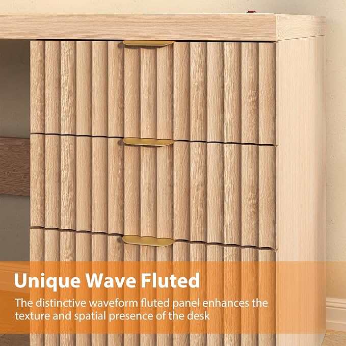 60" Fluted Executive Desk with Ample File Drawer & Large Charging Station, Wood Modern Home Office Desk with Storage, Computer Writing Desk for Work, Living Room, Bedroom, Durable & Sturdy, Natural