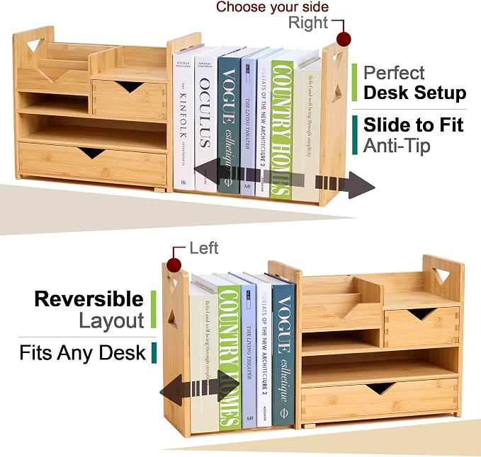 Pandorama Bamboo Desk Organizer Medium - Drawers & Adjustable File Holder, Fully Assembled Wood Desktop Storage for Kitchen, Bedroom, Bathroom, Study Room