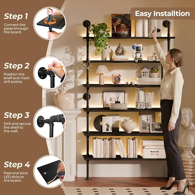 6-Tier LED Ladder Shelf, Wall Mounted Pipe Bookshelf, Black 48 Inch | Solid pine 6-tier wall mounted pipe bookshelf with warm LED lights, 50 lb shelves, for books, plants and decor