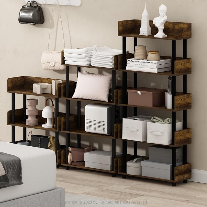 Furinno TURN-N-TUBE 5-Tier Display Shelf, Storage Shelves, Book Shelf, Open Shelves with Rounded Corner Top Edges, for Organization and Storage, Living Room, Home Office, Amber Pine