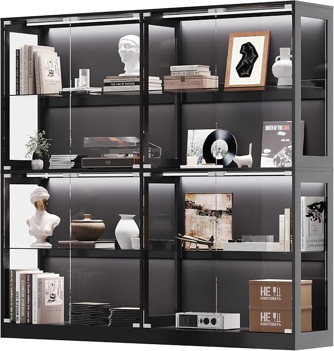 AMERLIFE 75-Inch RGB Display Cabinet with Glass Shelves | 70 H x 75 W x 16 D In, 4-Tier Storage, RGB LED Lights, Press-to-Open Doors, for Collectibles, Black