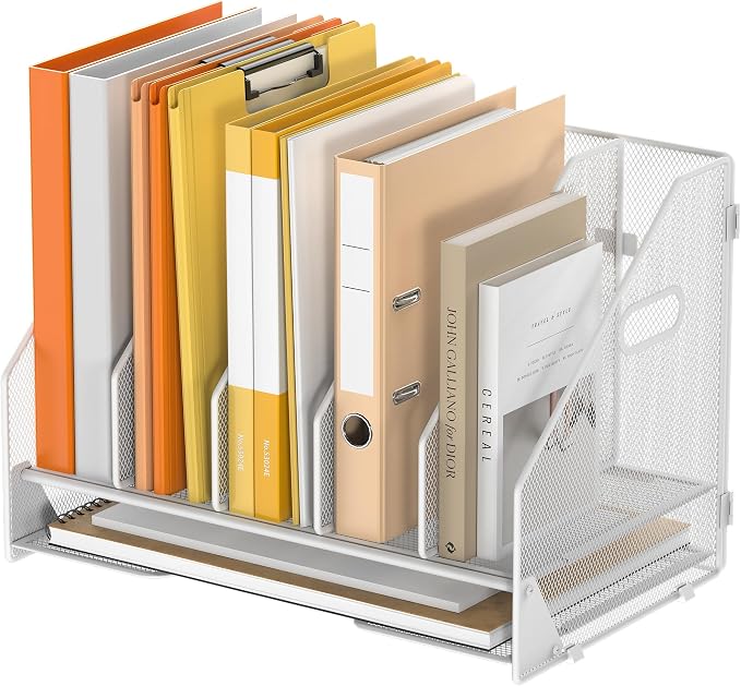 5 Vertical Mesh Desk Organizer with Paper Letter Tray, White | Sorting racks with lower letter tray section. Multipurpose mesh desktop space saver for home office and school