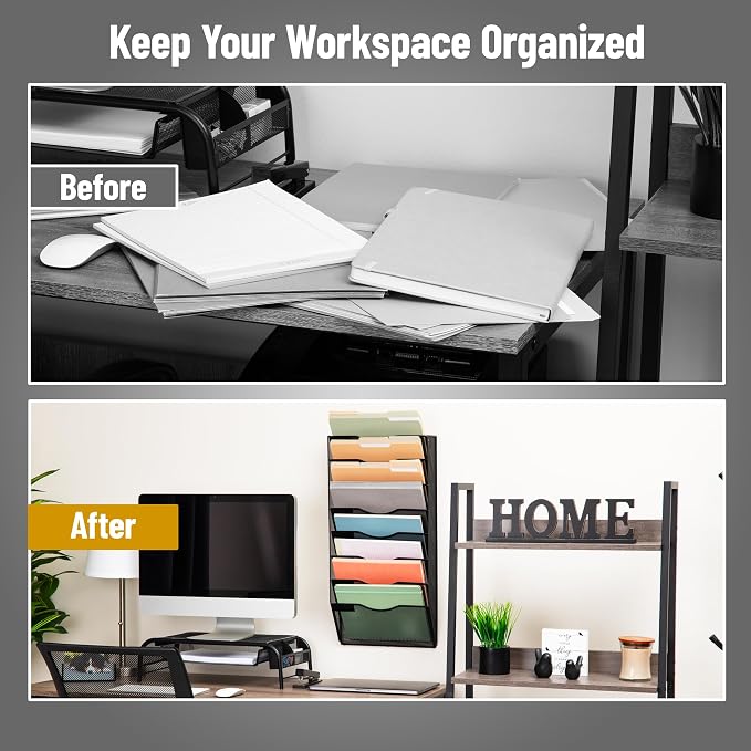 Mind Reader Wall File Organizer, 8 Pocket Hanging Document Rack, Office Wall Mount, Metal Mesh, Black