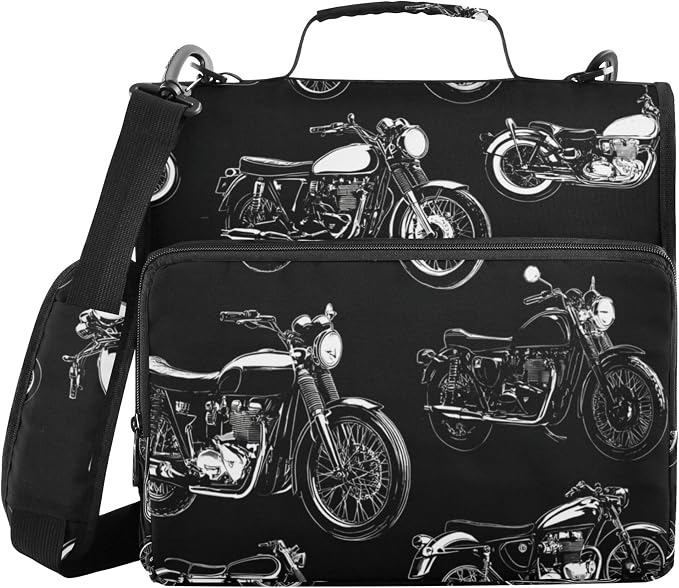 Fisyme Black White Motorcycles Zipper Binder 3 Ring with Zipper and Shoulder Strap Large Capacity Multi-Pocket Binder Organizer