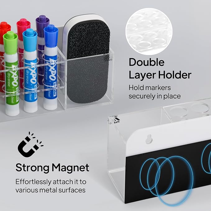 Strong magnetic dry-erase whiteboard holder, 8-slot acrylic pen organizer with glass and wall mounting hardware for refrigerator, office, and classroom. Markers, Eraser, Cleaner Not Included (Clear)