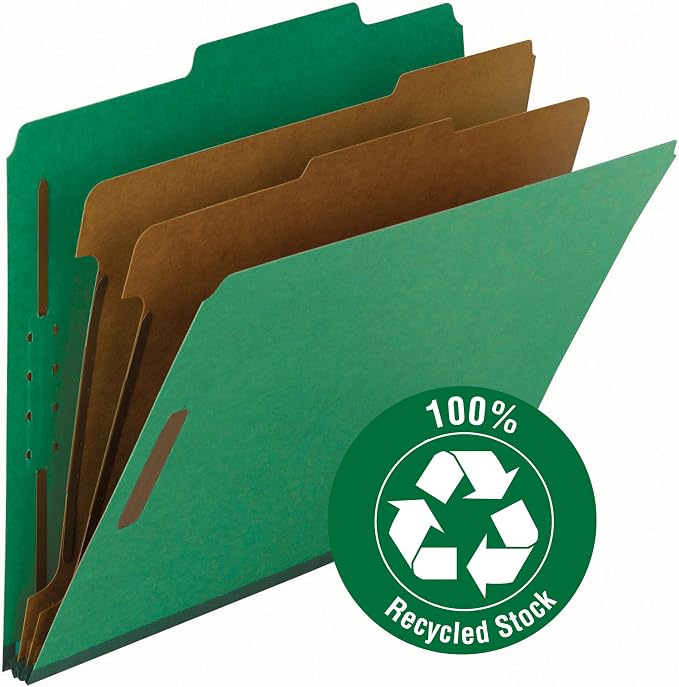 Smead 100% Recycled Pressboard Classification File Folder, 2 Dividers, 2" Expansion, Letter Size, Green, 10 per Box (14063)