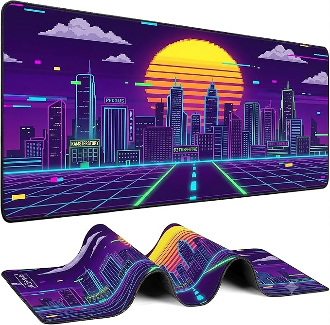 XXL Extended Gaming Mouse Pad, Cyberpunk Neon Synthwave Desk Mat Pixel | Retro Pixel Art Sunset Design with Stitched Edges & Non-Slip Rubber Base, Large Keyboard Mat for Gaming PC, Office Setup