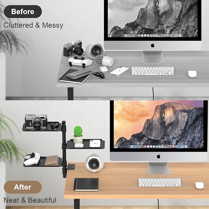 3 Tier Metal Clamp On Desk Shelf - 360° Rotatable Above/Under Table Storage, Adjustable Desktop Organizer for Home Office & Gaming, Storage Tray for Devices & Accessories