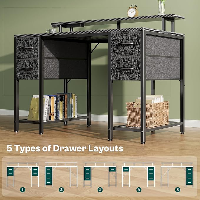 Huuger 47 inch Computer Desk with Power Outlets & 4 Drawers | Gaming Desk with LED Lights, Home Office Desk with Storage Space, Work from Home, Carbon Fibre Black
