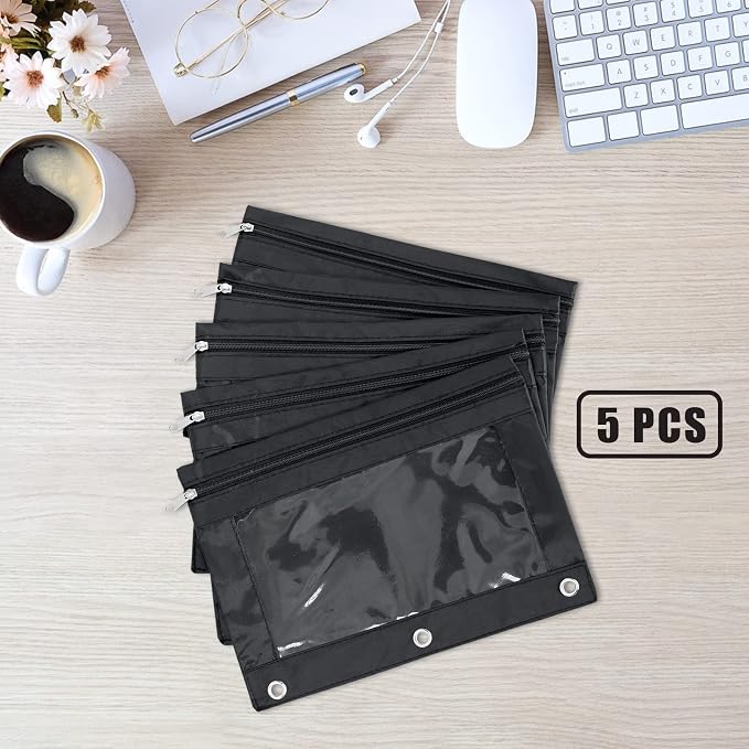 Pencil Pouch for 3 Ring Binder, Large Pencil Case with Clear Window, Metal Zipper Binder Pencil Pouches Fit Standard Binders, Durable Organizer for Office School Supplies Black 5 Pack