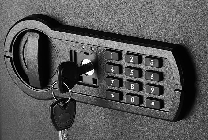 Amazon Basics Steel Home Security Safe with Electronic Keypad, Programmable Combination Lock for Documents, Jewelry, Valuables, Removable Shelf, 1.52 Cubic Feet, Black, 13.8"W x 13"D x 16.5"H