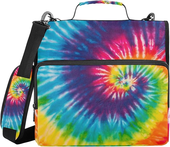 Fisyme Tie Dye Rainbow Zipper Binder 3 Ring with Zipper and Shoulder Strap Large Capacity Multi-Pocket Binder Organizer