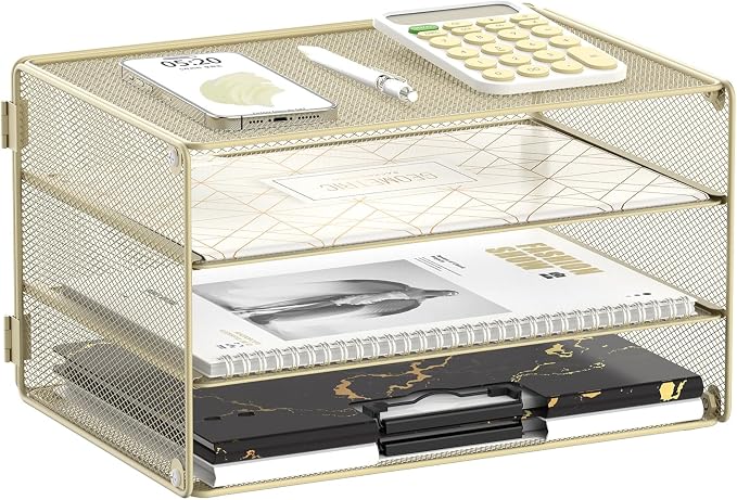 DALTACK 3 Tier Letter Tray Paper Organizer with Sliding Mesh Trays Yellow | Metal Mesh File Organizer with Sliding Trays for Letter and A4 Paper, Mail, Bills, Folders and Office Documents