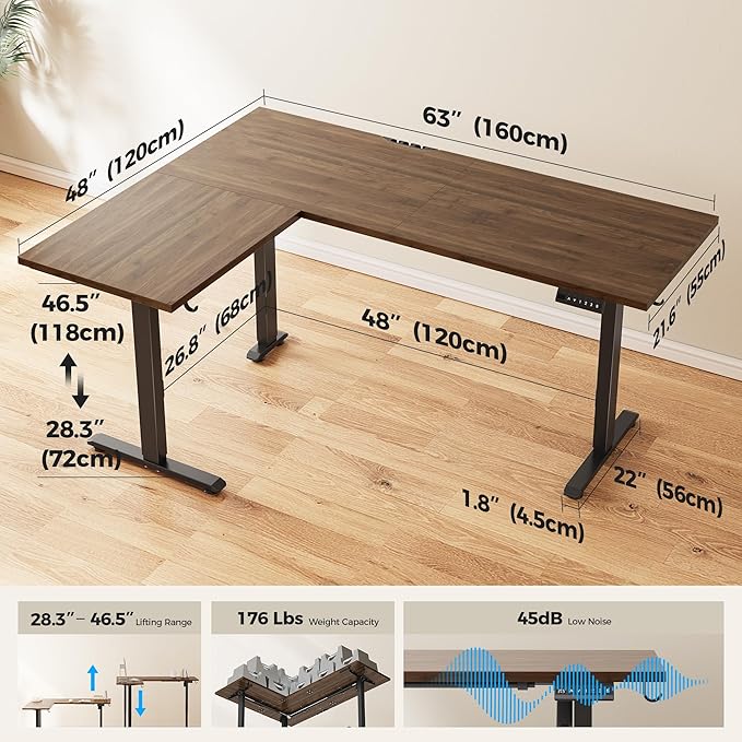 Agilestic L Shaped Standing Desk 63 inch Adjustable Height, Electric Corner Standing Desk, Sit Stand Computer Table with Splice Board, Dark Walnut | Corner Desk, Ample Workspace, Memory Presets, Hooks, Stable Steel Frame,176 lbs Capacity, Easy Assembly...