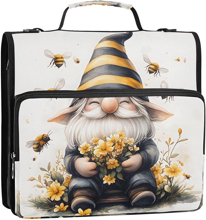 3 Ring Zipper Binder with Shoulder Strap Bee Gnome Yellow Flower 2 Inch Zippered Binder Bag 500 Sheet Capacity Multi Pockets for School Supplies