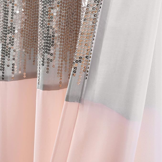 Lush Decor Night Sky Window Curtain Panel, Single, 42" W x 84" L, Gray & Blush - Sequin Curtains - Sparkle & Color Block Design - Modern Glam Decor - Long Curtains For Bedroom & Living Room