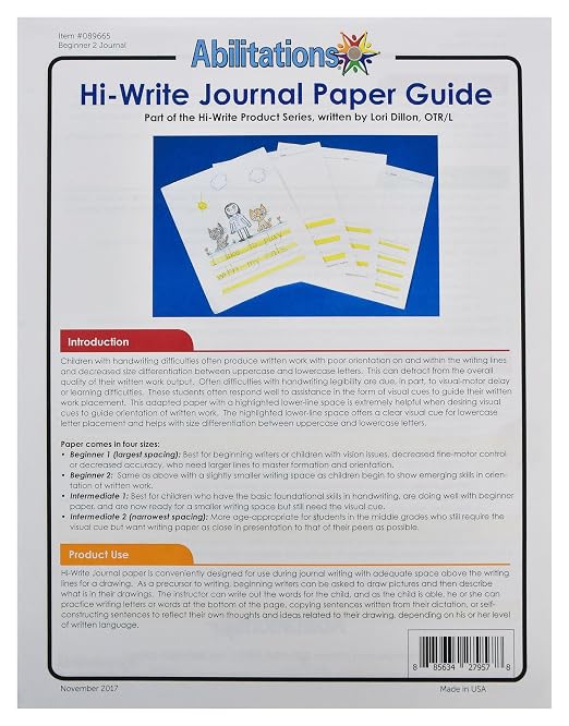 Abilitations - 89665 Integrations Hi-Write Journal Paper - Beginner 2 Paper - 100 Pack, Yellow/White