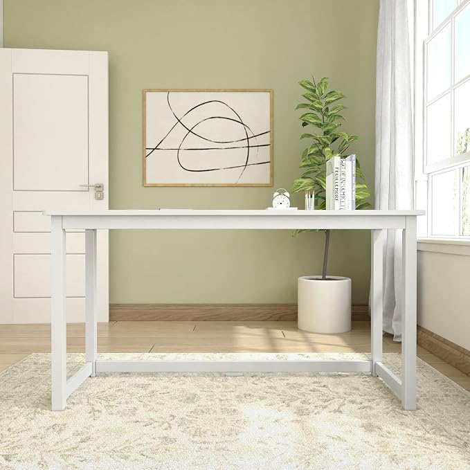 Plank+Beam Classic Desk, 55 Inch, White | Wooden Writing Desk, Non-Toxic Finishes, Large Desk Space, Engineered Wood, Matching Style, Solid Wood