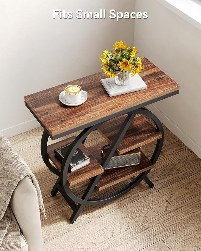 LITTLE TREE Industrial End Table, Narrow Side Table | Modern Bedside Table with 4-Tier Large Storage Space for Living Room, Home Office, Bedroom, Brown