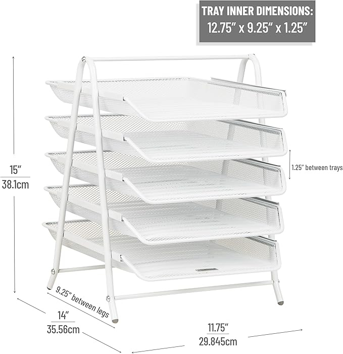 Mind Reader 5-Tier Paper Tray Organizer, White | Vertical Desktop File Storage Rack, Office, Metal Mesh