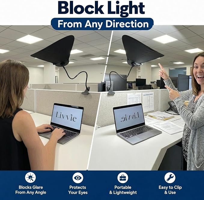 Livvie Desk Shade – Clip-On Cubicle Shade Block Overhead Lights and Glare