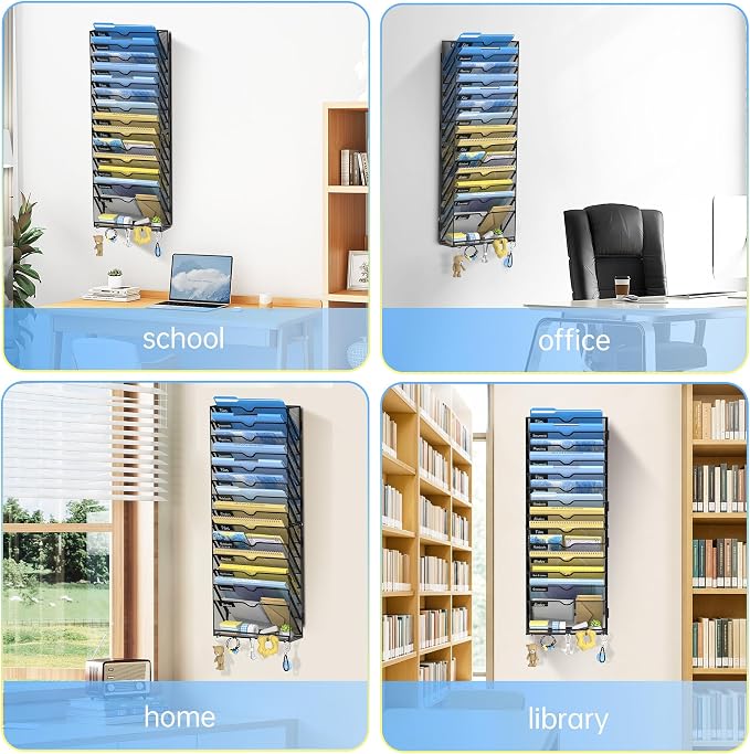 15-Tier Wall File Organizer with Hooks, Hanging File Organizer | Metal Mesh Mail Organizer, Wall Mounted File Organizer for Home, Classroom, Office Organization