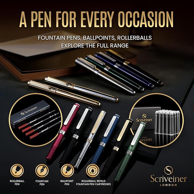Scriveiner Silver Chrome Fountain Pen - Stunning Luxury Pen, Real Gold Finish Schmidt Gilded Nib (Medium), Best Pen Gift Set for Men & Women, Professional, Executive Office, Nice Pens