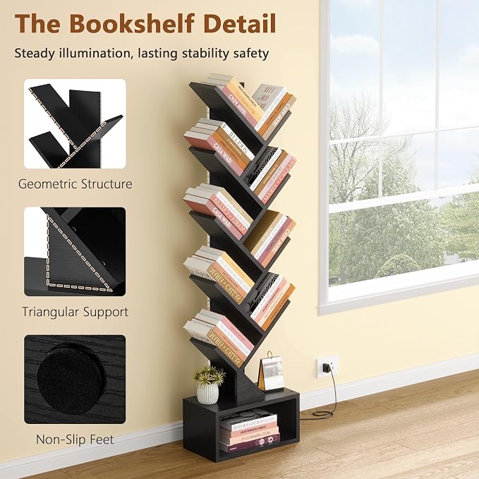 Hoctieon 9 Tier Tree Bookshelf, Tall Bookcase, Freestanding Book Shelf with LED Lights, Display Floor Standing Storage Shelf, Book Organizer Shelves for Home Office, Living Room, Black