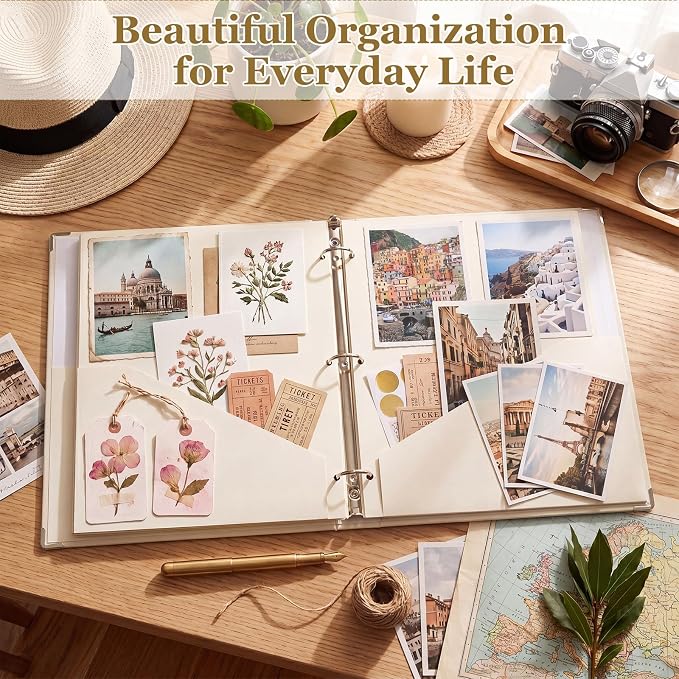 ReliThick 8 Pcs Aesthetic 3 Ring Binders, 1 Inch with Pockets,Beige | Paper Covers, 175 Sheet Capacity, 2 Inner Pockets, Organizer for 8.5" x 11" Letter Size, School, Office, Home,Floral Color