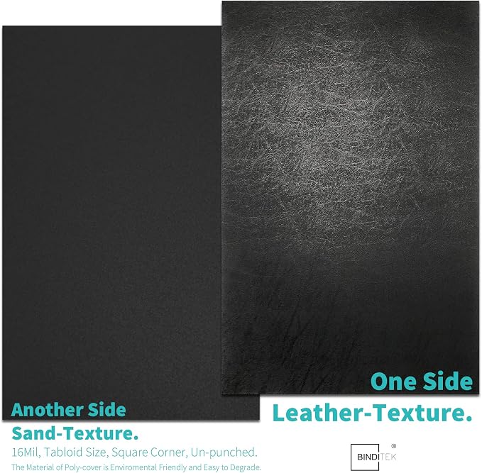 Binditek 16 Mil Leather-Textured Polycovers, 11x17 Inches, Black, 20 Pack | Leather-Textured Binding Covers, 11"x17" Ledger/Tabloid Size, Plastic Binding Presentation Covers, Square Corners, Unpunched
