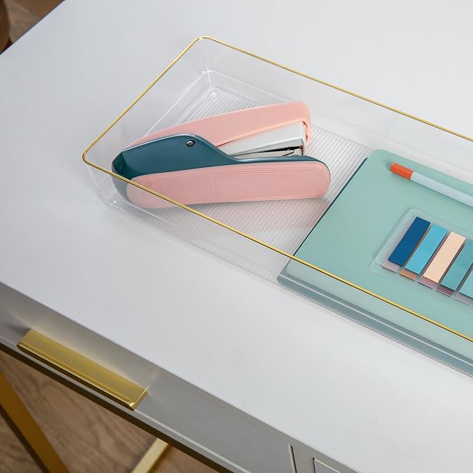 Martha Stewart Kerry Stackable Desk Drawer Organizers, Clear/Gold, 2-Pack | 15x6 in Organizers, Gold Trim, Stackable