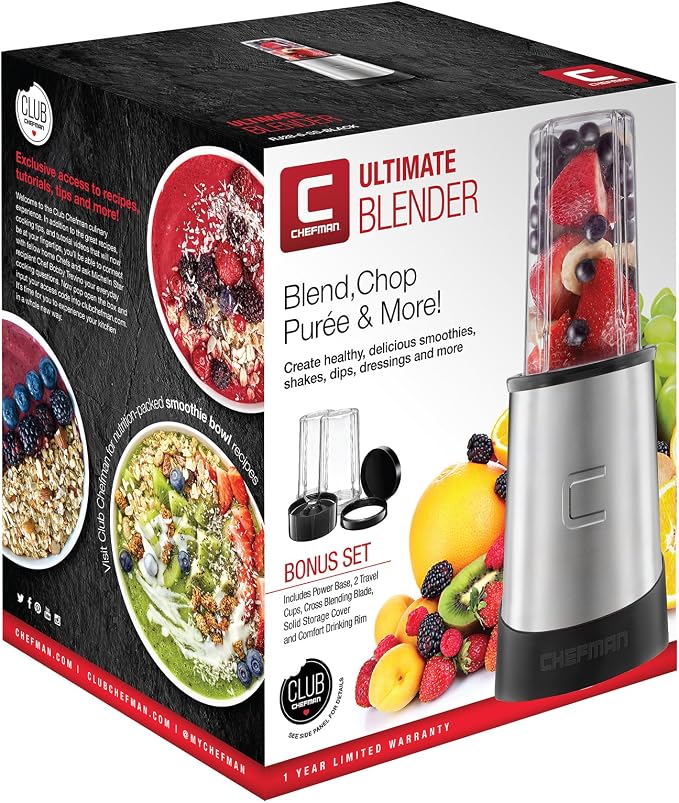 Chefman Personal Ultimate Kitchen Blender, Quick Portable Blending of Shakes, Smoothies, Baby Food & Juice, 2 Travel Cups, Cover & Drinking Rim, 6-Piece Set, Dishwasher-Safe Stainless-Steel Blade