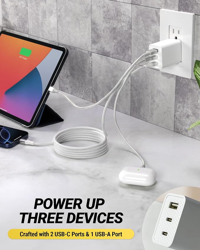 Scosche PowerVolt 70W Fast Charging Compact 3-Port Wall Charger Block, Dual USB-C & USB-A GaN Power Delivery Adapter with Foldable Plug for iPhone 16/15 Pro, iPad, MacBook Air, Galaxy S25/S24 & More