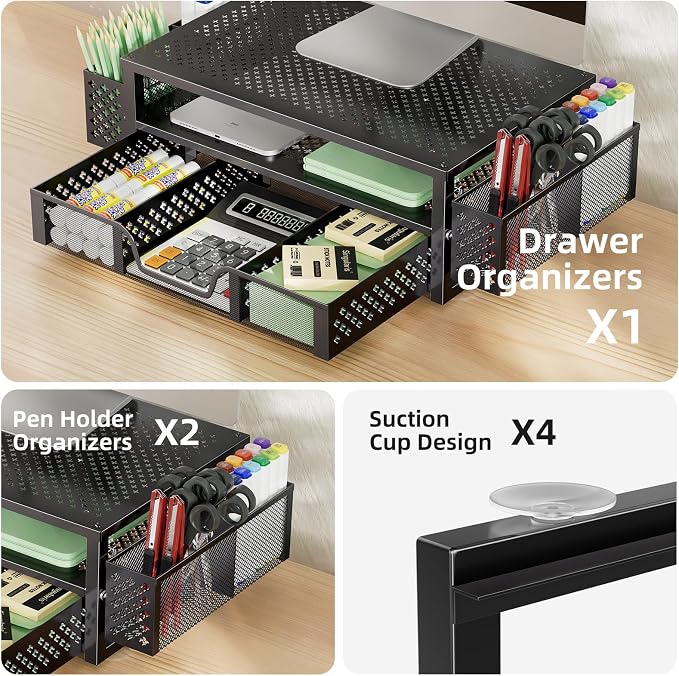 Simple Trending Monitor Stand with Drawer, 2-Tier Laptop Stand, Black | Desk Organizers and Accessories with Drawer and 2 Pen Holders, Sturdy Metal Stand Riser for Home Office, 20"W x 10"D x 5.8"H