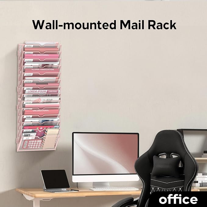 14-Tier Wall File Organizer and Hanging File Organizer, Pink | Wall Organizer and Wall Mounted File Holder with 14 Pockets and Label Panels for Files, Mail, Folders, Magazines and Paper