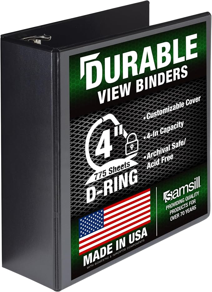 Samsill Durable 4 inch 3 Ring Binder, D Ring Binder, 100% Recycled Chipboard, Black