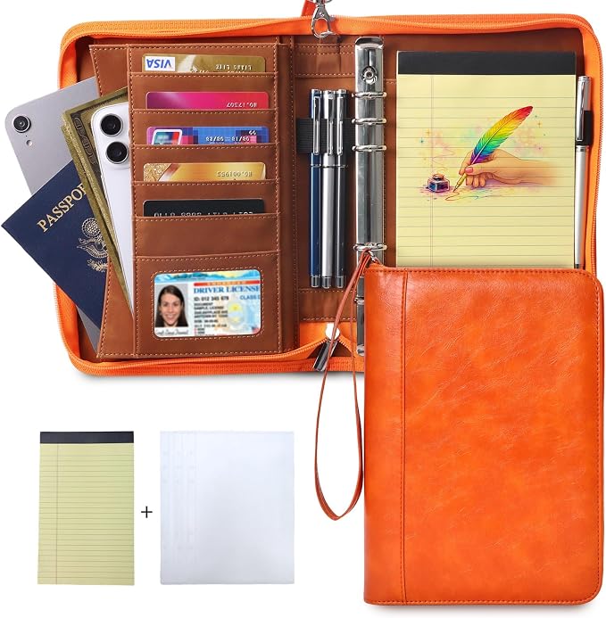 A5 Binder 6 Ring with Zipper, Portable Planner for Travel & Study | Faux leather A5 planner with detachable 6 rings, lined pages, pouches, card slots and pen holder for daily use.