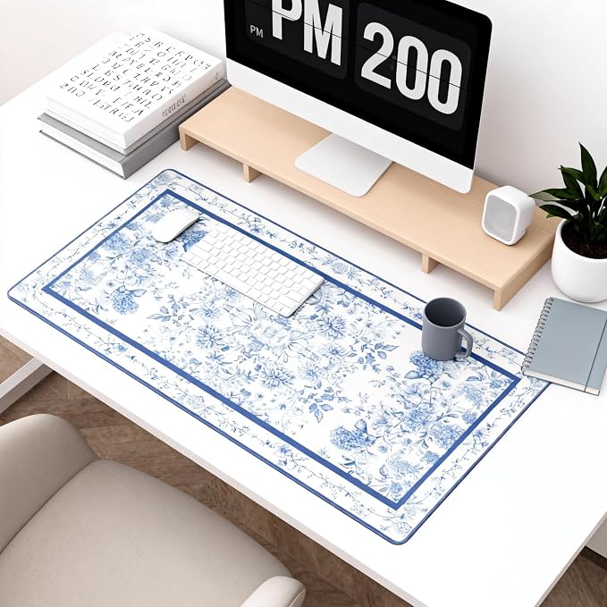 Floral Aesthetic Dahlia Gaming Mouse Pad, White Blue Rug Desk Mat with Anti-Slip Base & Stitched Edges,35.4" x 15.7" in Desk Accessories for Women, Home Office Decor & Artistic Gift