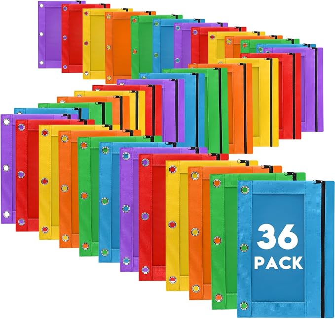 Pencil Pouch for 3 Ring Binder, 36 Pack Bulk Pencil Bags with Zipper, 6 Colored Pencil Case for Classroom School Office Supplies, Large Sturdy and Durable Cloth Pencil Pocket for 3 Holder Binder