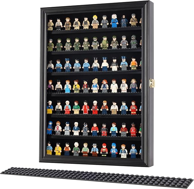 Minifigure Display Case - Building Block Toy Wall Cabinet Showcase for Small Miniature Collectibles Mini Brands Thimbles, 2.25" Shelf Height Lockable UV Protection Door (Black Finish Frame)