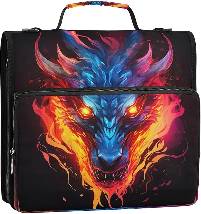 Dragon Fire Black Print Zipper Binder Bag 3 Ring with Shoulder Strap & Handle Multi Pocket Binder Organizer Bag Large Capacity for School Office Supplies