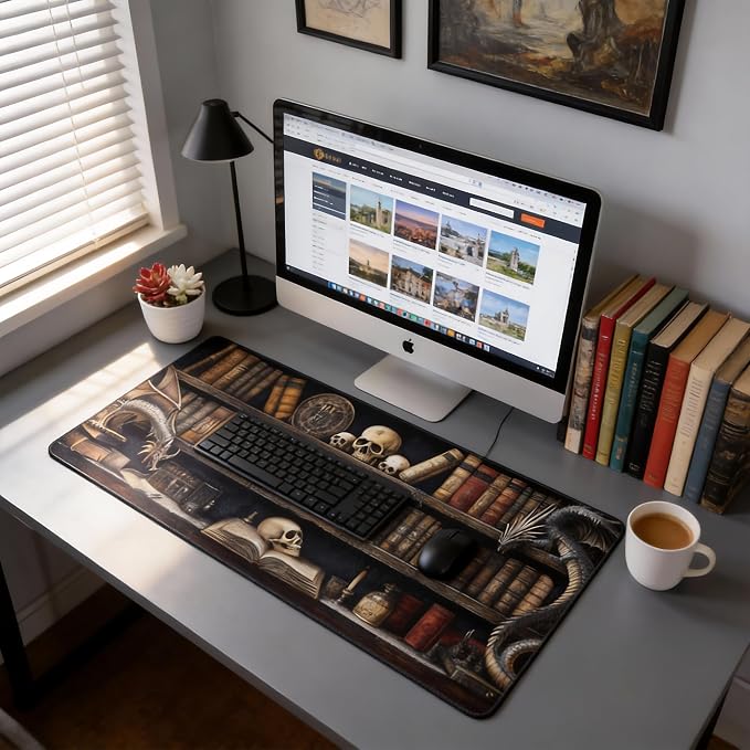 Aesthetic Dragon Gaming Mouse Pad, Earth Tone Gothic Desk Mat with Anti-Slip Base & Stitched Edges, Computer Keyboard & Laptop Pad, 35.4" x 15.7" in in Workstation Accessories