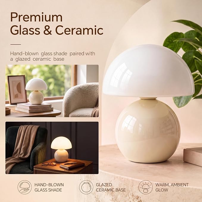 Mushroom Lamp Table Lamp for Bedroom-Small Desk Table Lamps,Cream | 8.7" Mid Century Modern Table Lamps for Living Room Bedroom Decor,Cute Ceramic Lamps for Mushroom Home Room Decor,Glass Shade