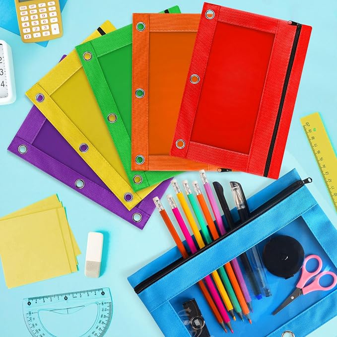 Pencil Pouch for 3 Ring Binder, 36 Pack 3-Holes Zipper Pencil Pouches in Assorted Colors, Durable Binder Pencil Case Bag for Office School College Supplies (36P-6c-2601)
