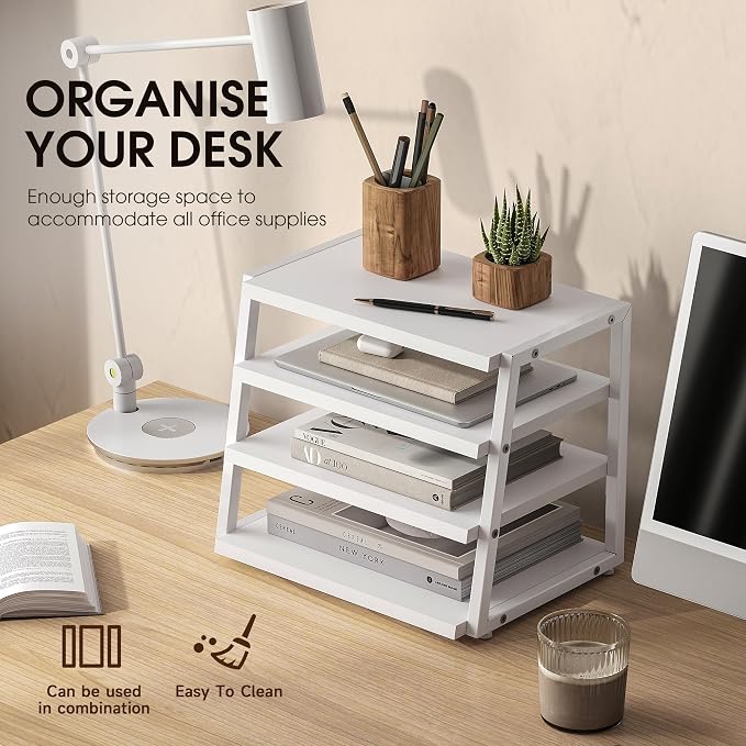 Fenge Desk Shelf Organizer, 4-Tier Tower Desktop Office Shelves, White | Wood and Metal Open Shelf, Corner File Organizer for Office Supplies, Top of Desk Organizers and Accessories
