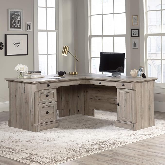 Sauder Palladia L Shaped Desk with Drawers, Office Desk with File Cabinet Storage, Cable Management, Keyboard Tray, in Split Oak finish