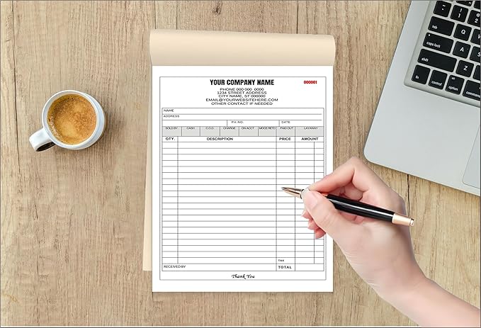 Custom Carbonless Invoice Book with Logo, Personalized Cover & Inner Pages, 2 Part NCR Receipt & Work Order Forms, Easy Tear, Writing Shield for Small Business (2-part [White/Yellow], 7.48 x 5.12INCH)