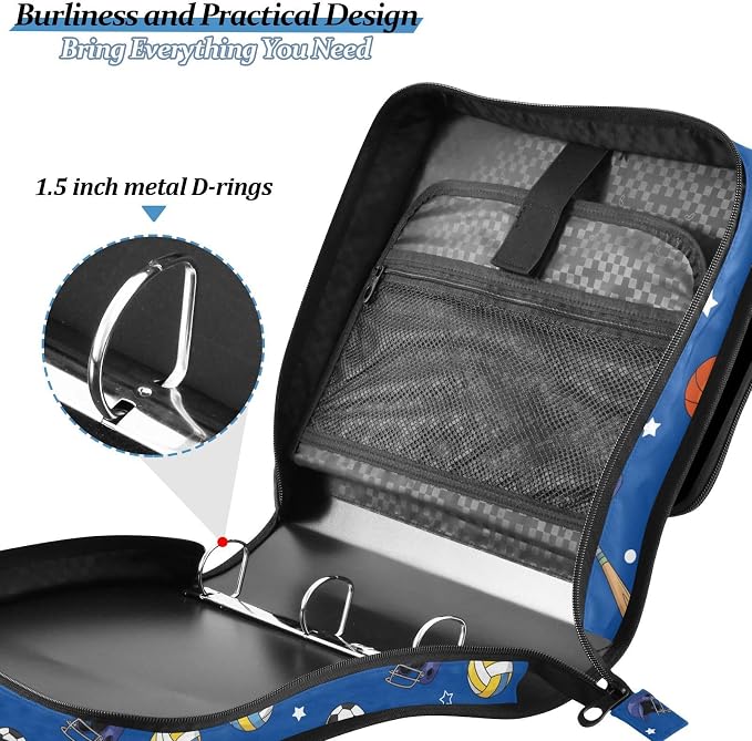 Custom Volleyball Blue Print 3 Ring Zipper Binder with Shoulder Strap & Handle 1.5 Inch D-Ring Zippered Bag with Multiple Pocket, Personalized Binder Organizer for School or Office