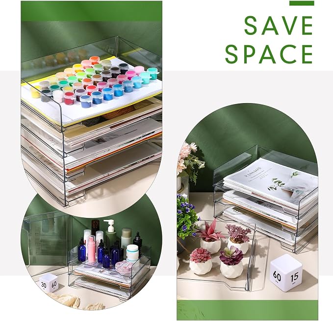 DoubleFill 4 Pcs Stackable Letter Tray Rectangular Plastic Desk Organizer 13 x 9.5 x 2.6 in Paper Holder File Tray Accessories Rack for Desktop Office Desk Drawers (Clear)