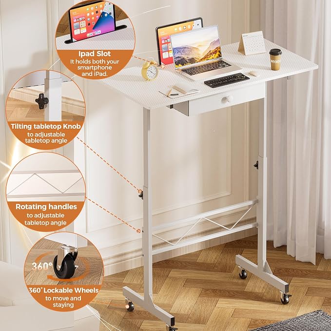 COMHOMA Portable Standing Desk Adjustable Height 30.7"-46.4", Standing Desk with Drawers, Mobile Rolling Computer Desk for Home Office Work and Walking Pad Treadmill, Carbon Fiber White